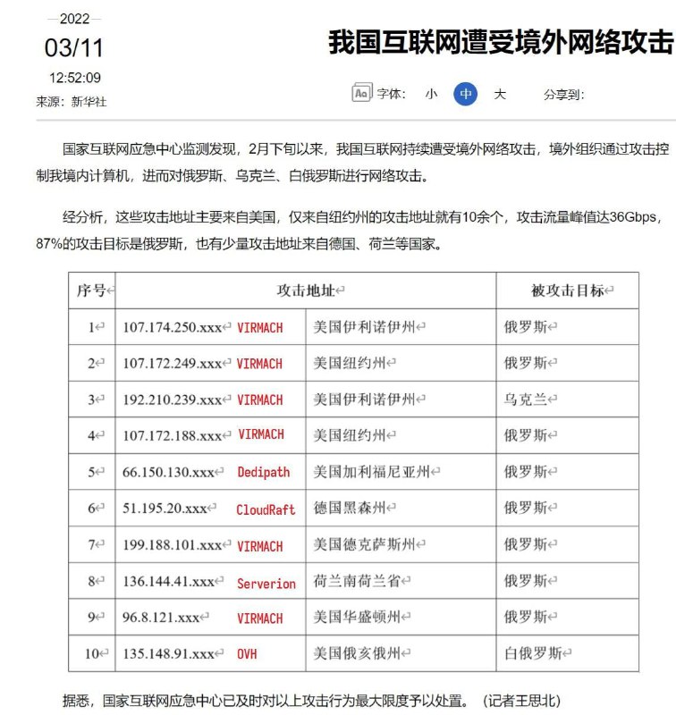 中国国家互联网应急中心所说的“持续网络攻击”来自哪里？LOC论坛的网友查询后发现10个IP段中的6个来自VIRMACH，一个以贩卖廉价VPS而小有名气的商家