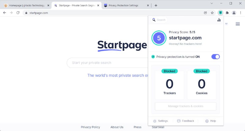 关注隐私的搜索引擎Startpage推出一个新的浏览器扩展其主要目的有两个：揭示所访问网站的隐私分数，给用户提供更多与隐私有关的控制，以减少或消除跟踪