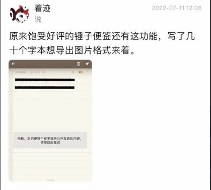 对内容进行审查的图文编辑类APP远不止WPS，有不少网友指出锤子便签在导出内容到图片时如果发现包含违禁词将无法导出