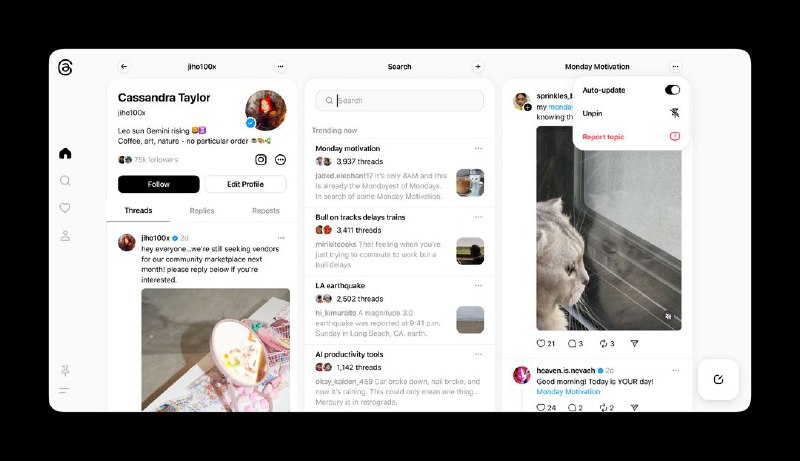 Threads 开始测试类似 TweetDeck 的实时帖子信息流Threads 今天开始测试类似 TweetDeck 的体验