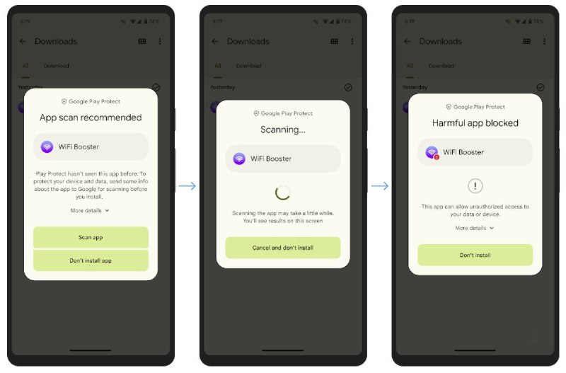 Google Play 保护机制正在添加应用安装时的实时扫描功能从今天开始，当用户安装谷歌以前从未分析过的应用时，Play 保护机制将提示用户执行实时代码级扫描