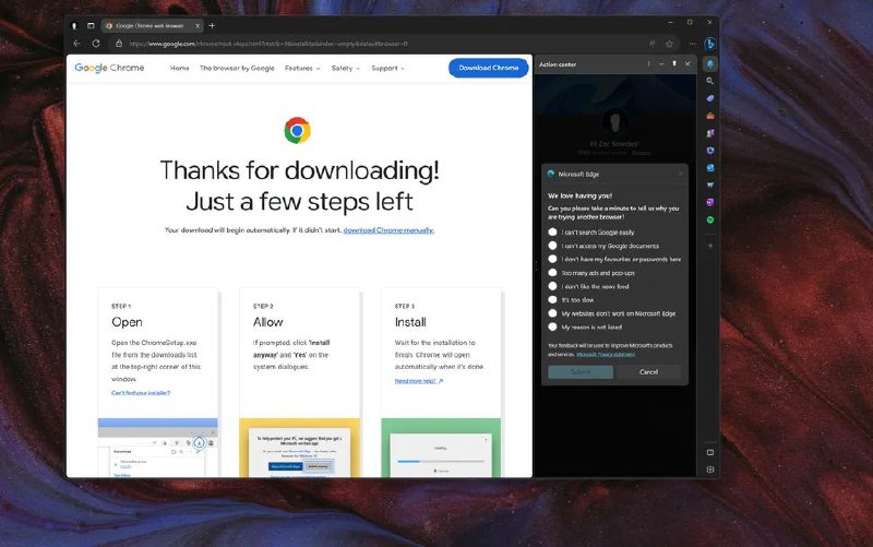 Edge 寻求答案：微软对下载 Chrome 的用户进行民意调查Microsoft Edge 又来了