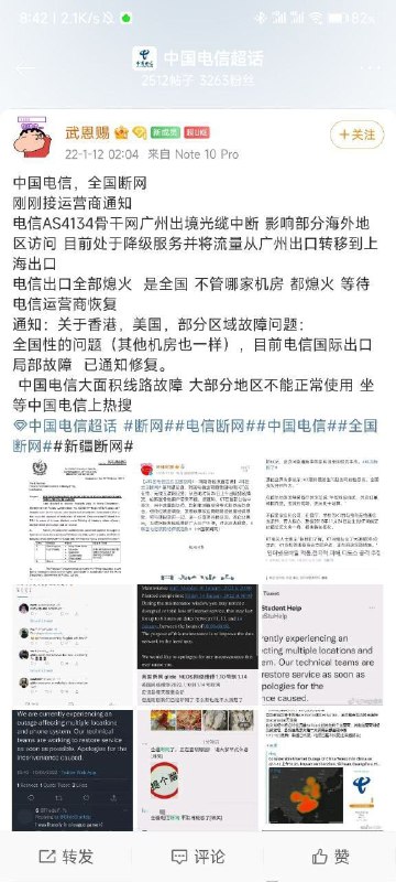 中国电信国际骨干网的故障据信已排除