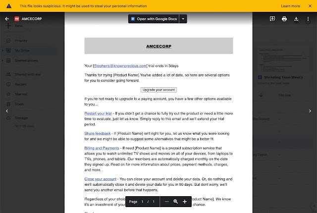 Google Drive开始向用户警告其托管的可疑文件Google周四宣布，当用户打开托管在Google硬盘上的潜在可疑或危险文件时，它会开始警告用户