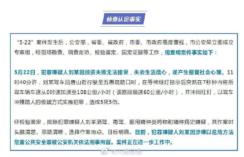 侦查认定大连5.22案件系该男子投资失败报复社会