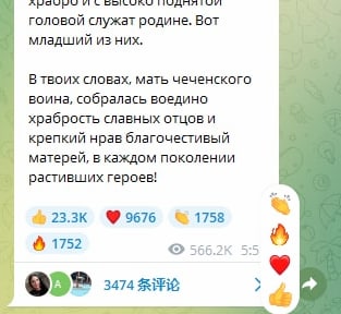 车臣总统拉姆赞·卡德罗夫的TG频道充满“赞成”、“掌声”、“爱心”和“火爆”，其享有的美誉和奇高的支持令人惊诧