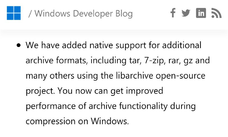 Windows 11终于支持了 rar、gz等压缩格式Windows 11添加了对更多归档格式的本地支持，包括tar、7-zip、rar、gz等许多格式，这些都使用了开源项目libarchive