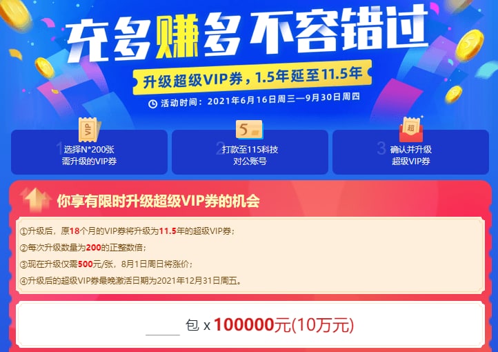 115 网盘1500元11.5年的超级VIP活动，备好10万当二道贩子，贩卖自负盈亏，销售可高不低