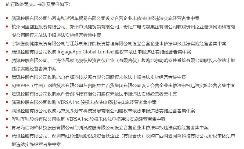 市场监管总局对阿里巴巴、腾讯、哔哩哔哩等公司作出行政处罚决定今日，市场监管总局公布了 13 份行政处罚决定书，对阿里、腾讯、哔哩哔哩等公司作出行政处罚决定