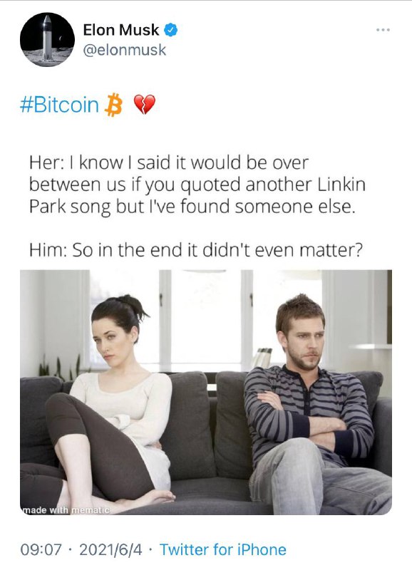 马斯克发推：比特币心碎💔