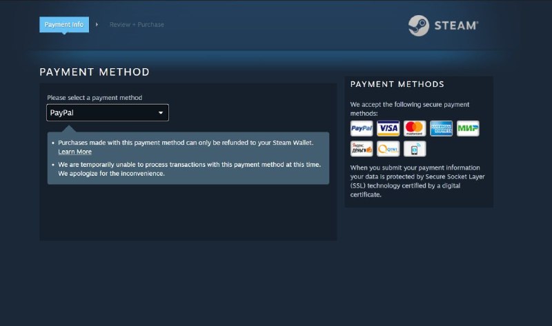 steam 俄区暂时关闭了全部支付渠道